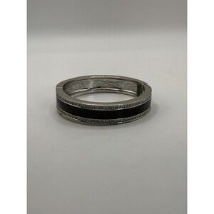 Vintage Silver Tone Black Enamel Hinged Bracelet – Bold Statement Bangle